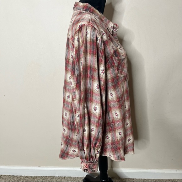 Ivy Jane Brown Burgundy Plaid Southwestern Balloon Sleeve Pearl Snap Shirt Sz L - Picture 4 of 12